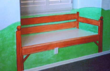 Window niche painted as a park bench in a girl's room.