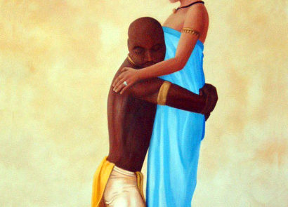 Acrylic on canvas. Painting of a small statue with the couple's faces and her engagement ring.